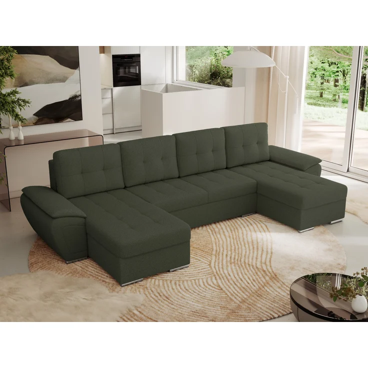 U-förmiges Ecksofa mit Schlaffunktion, genähter Sitz, zwei Armlehnen und losen Kissen - UMBRIA U - Grün Boucle – Bild 1