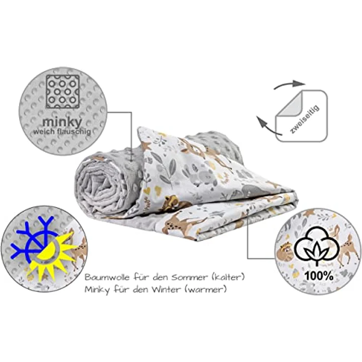 Medi Partners Babydecke Baby Decke Neugeborenen - Kuscheldecke Geschenk Babydecken 75x100cm für Kleinkinder Mädchen Krabbeldecke Kinderbett Kinderwagen 100% Baumwolle (REH mit grauem Minky) – Bild 6