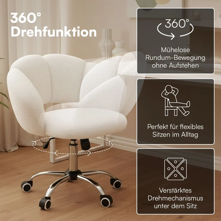 Bellamio 'Meli' Wolkenstuhl, weiß, Teddy-Bouclé Stoff, höhenverstellbar & drehbar, bis 140 kg, Schmink- & Schreibtischstuhl mit Rollen – Bild 2