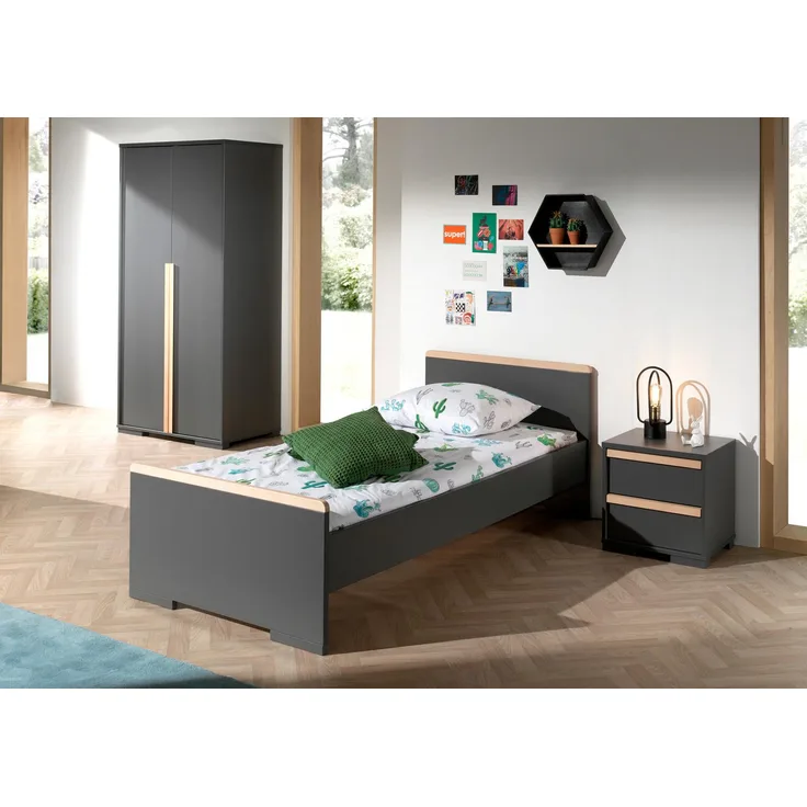 London Set 3-tlg Einzelbett Nachtkonsole Kleiderschrank Buche Anthrazit