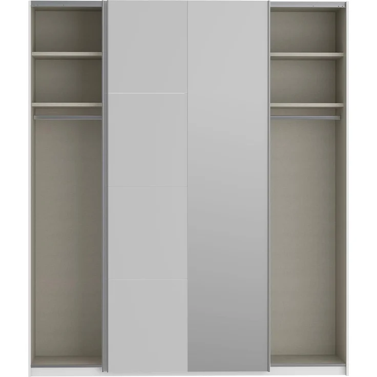 Forte FITTIO Kleiderschrank 200, moderner Schwebetürenschrank, 2-türig, Kleiderstange, Einlegeböden, Spiegel, Schlafzimmer, Holzwerkstoff, Weiß Hochglanz, 200,1 cm breit x 235 cm hoch x 61,2 cm tief – Bild 5