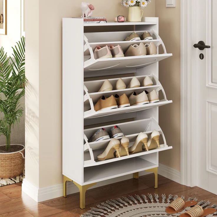 Schuhschrank aus MDF mit Klappfächern, 63x24x120 cm, Weiß – Bild 4
