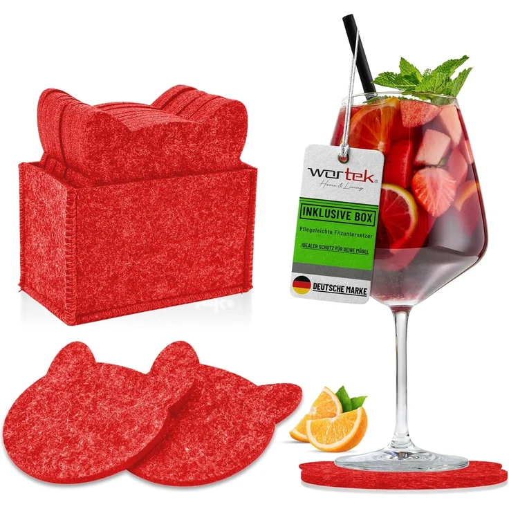 wortek Getränkeuntersetzer Filz-Untersetzer Katze für Gläser 10er Set + Box, Zubehör für Tisch & Gläser, Set, 10-tlg, waschbare Getränke Glasuntersetzer Gläser, Tischuntersetzer Filz 10 cm