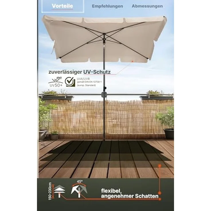 4smile Sonnenschirm Balkon in Beige - Sonnenschirm rechteckig 200x125 cm mit UV50+ Sonnenschutz | Balkon Schirm knickbar höhenverstellbar | Robuster Balkonschirm für optimalen Schatten – Bild 3
