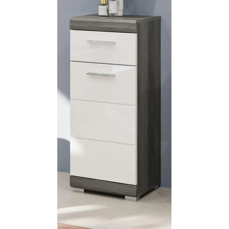 Badezimmer Kommode Shawn in weiß Hochglanz und Rauchsilber grau 37 x 88 cm – Bild 1