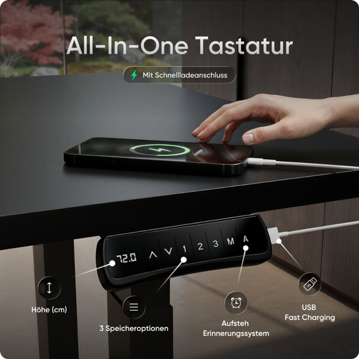 DESKSPACE Höhenverstellbarer Schreibtisch elektrisch mit leisem Dual-Motor – stabiles 4-Bein-Gestell (Schwarzes Gestell, Schwarz Tischplatte, 160×80 cm) – Bild 7