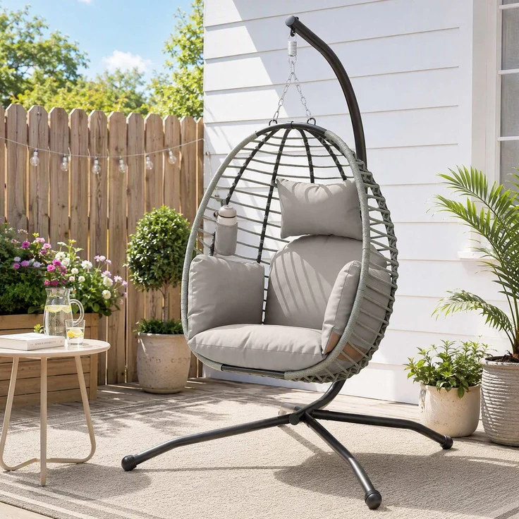MELAYR, Hängesessel, Sitz- und Rückenkissen, faltbarer Sitzkorb, Becherhalter, Metallgestell, Grau, 110 x 100 x 188 cm – Bild 3