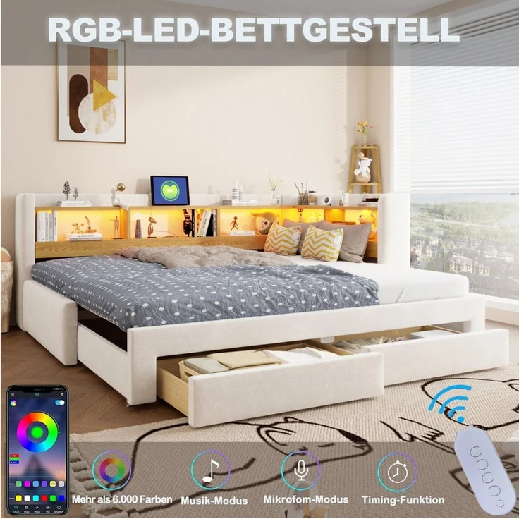 i@home Daybett 90x200 cm Tagesbett, Ausziehbett zum 180x200 cm Doppelbett, Beige, mit ausziehbarem Bett, 3-in-1 Tagesbett mit Schubladen,LED, Steckdose – Bild 2