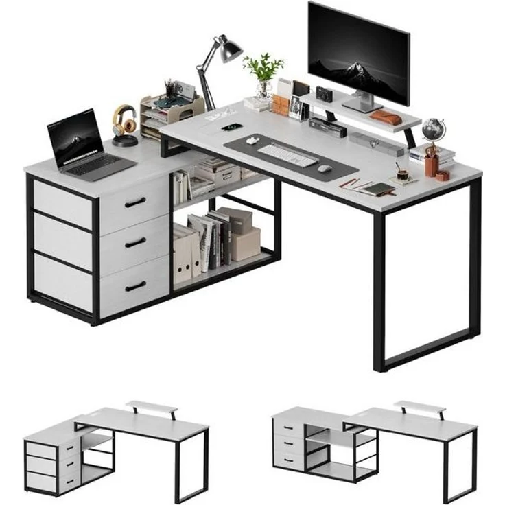 Furnicopia Eckschreibtisch 140cm mit Monitorarm, Computertisch mit drehbarer Tischplatte (Flexibel und schwenkbar, mit Steckdosen (2 Steckdosen + 2 USB-Anschlüsse), 3 großen Schubladen, 2 Ablageflächen) – Bild 4