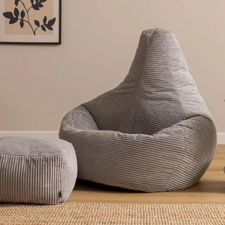 Icon Dalton XXL Sitzsack Cord mit Hocker, Grau, Gaming Sitzsack Erwachsene mit Füllung, Bean Bag, Cord Sessel, Lounge Sessel, Lounge Stuhl, Schlafzimmer, Wohnzimmer, Wohnzimmer Möbel – Bild 5