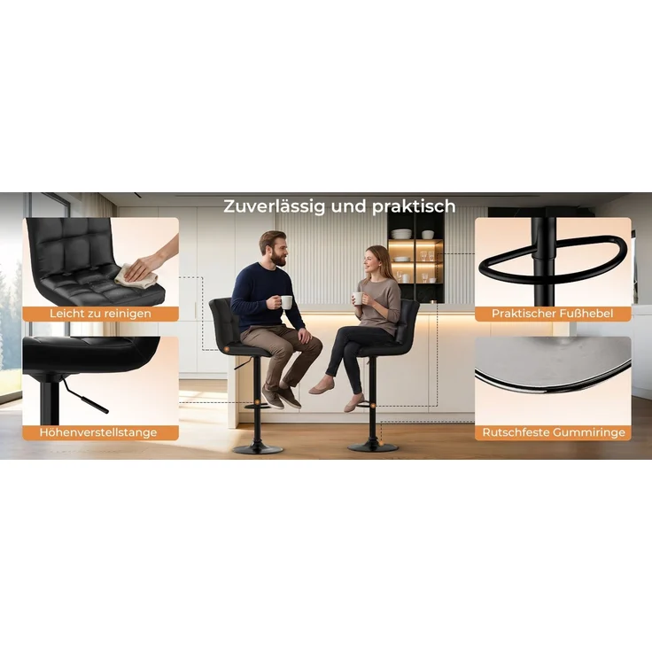 Botifly 2er Set Barhocker Schwarz Kunstleder, Höhenverstellbar 60-80cm, 360° Drehbare Barstühle mit Fußstütze, SGS-zertifizierte Gasdruckfeder, für Küche, Bar & Theke – Bild 10
