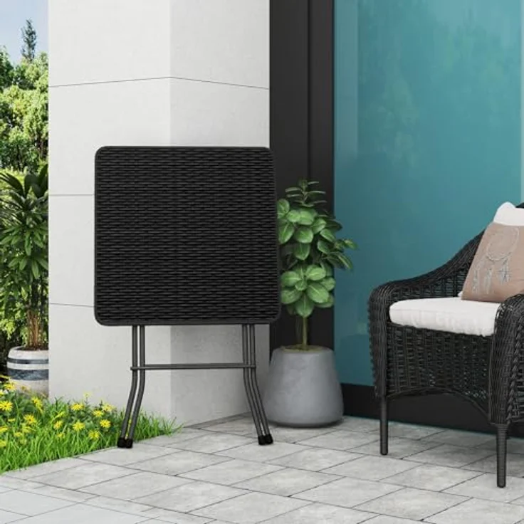 eSituro Klapptisch Gartentisch, Beistelltisch Outdoor, klappbarer Balkontisch Campingtisch Bistrotisch, quadratische Tischplatte in Rattanoptik, Schwarz, 61 x 73 x 61 cm SCPT0039 – Bild 5