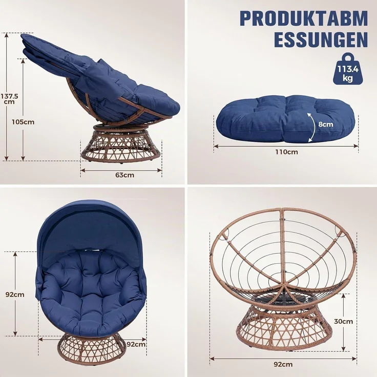 COMHOMA Papasansessel, gemütlicher Drehsessel mit Kissen rund, bequemer Rattansessel, Loungesessel drehbar, runder Relax Korbsessel Rattan für Wohnzimmer, Leseecke, Lounge - BLAU – Bild 3