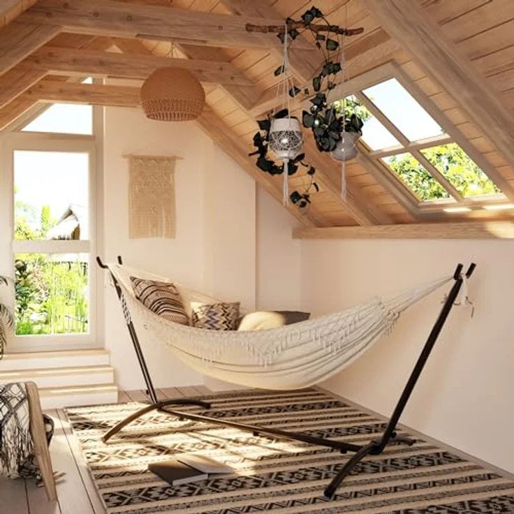 Mondeer Hängematte mit Gestell für 2 Personen - Verstellbare Doppelhängematte im Boho-Stil mit Getränkehalter & robustem Eisengestell, für Terrasse, Garten und Hof, Beige – Bild 6