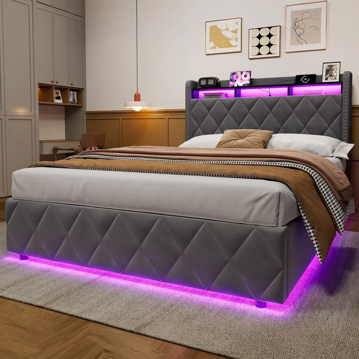 Polsterbett 140x200 cm mit Stauraum, LED und USB-Anschlüssen, Dunkelgrau – Ohne Matratze – Bild 3