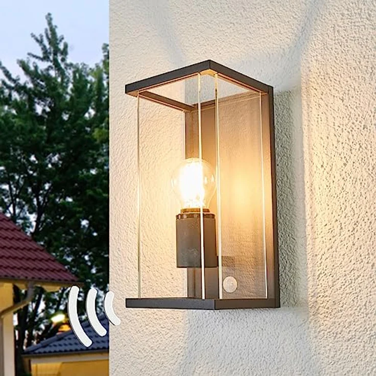 Lucande Wandlampe außen mit Bewegungsmelder, spritzwassergeschützt IP54, 1xE27 max. 15W ohne Leuchtmittel, Aluminium und Glas – Bild 3