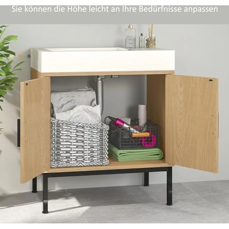 kleankin Waschbeckenunterschrank Unterschrank mit Schrankfach, Waschtischunterschrank mit Rattanoptik, Badunterschrank mit Kippschutz, Eiche, 60 x 39 x 60 cm – Bild 6