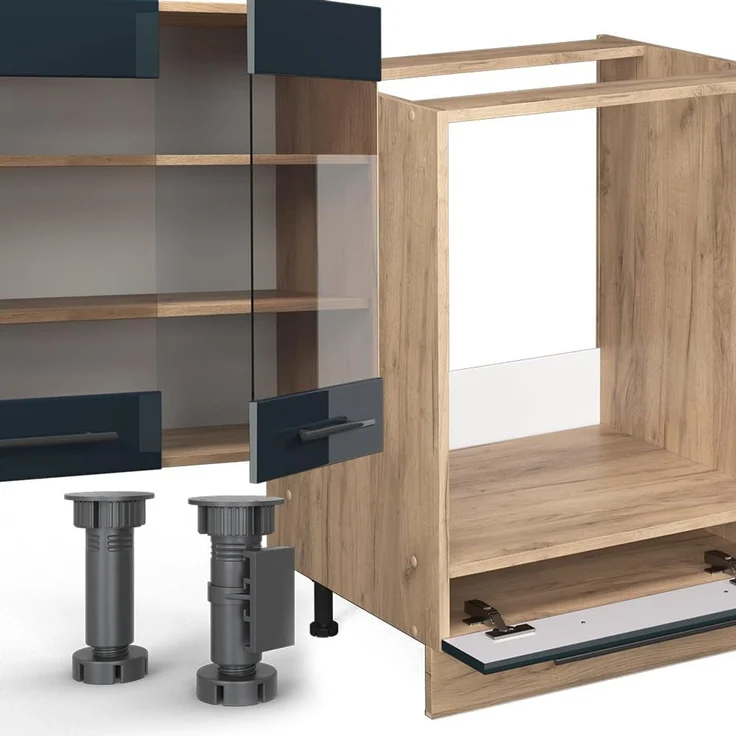 Eckküche Fame-Line Dunkelblau Hochglanz/Goldkraft Eiche 347 x 257 cm ohne Arbeitsplatte Vicco – Bild 6