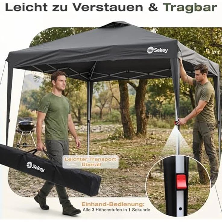 Sekey Pop Up Pavillon Wasserdicht Stabil Winterfest mit Seitenwänden, Faltpavillon 3 x 3 m, Camping Pavillion Faltbar Partyzelt mit Belüftung, Designer Serie 3x3, (Grau, 3x3 Mit Seitenwänden) – Bild 5