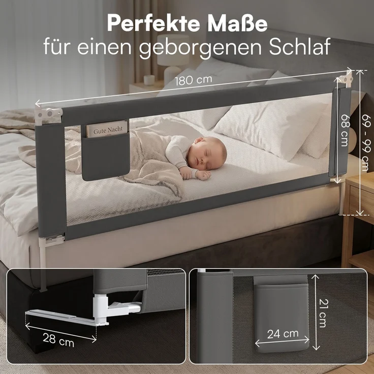 Bellabino 'Drina' Bettschutzgitter, Rausfallschutz klappbar & höhenverstellbar, aus Oxford-Stoff & Metall, 180 cm, dunkelgrau – Bild 9