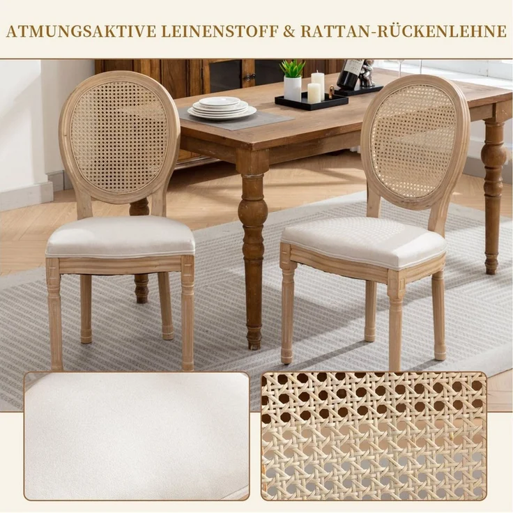 SeedWave Esszimmerstuhl 2er Set Küchenstuhl aus Massivholz-Gestell, mit Rattan-Rückenlehne, Polsterstuhl inkl. Leinenbezug Sitzfläche – Bild 4