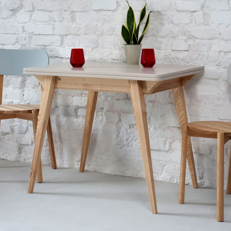 Ragaba rechteckiger ausziehbarer Tisch, MDF & Massives Eschenholz, 90x65 cm, Braun Beige – Bild 5
