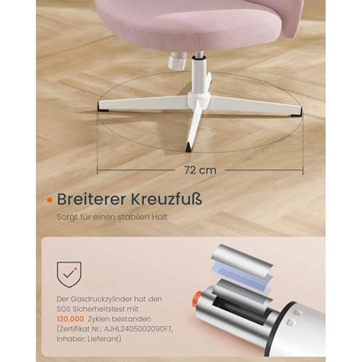 Songmics HOME Bürostuhl, Schreibtischstuhl, Drehstuhl, breite Sitzfläche zum Sitzen im Schneidersitz, modern, mit Kreuzfuß/Fußkreuz, höhenverstellbar, Wippfunktion, für Büro, Homeoffice, pastellrosa OBGDE046R01 – Bild 7