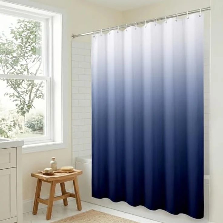 Americanflat Duschvorhang, 100% Polyester, wasserabweisend, mit Metallösen und 12 Duschvorhangringen, Farbverlauf, Duschvorhänge für Badezimmer, 71 x 74 cm, Blau – Bild 6