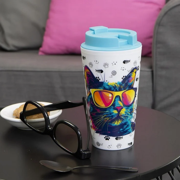 Geda Labels GmbH Coffee-to-go-Becher Cool Cat, 1-tlg, PP, Türkis, 400ml, doppelwandig – Bild 2