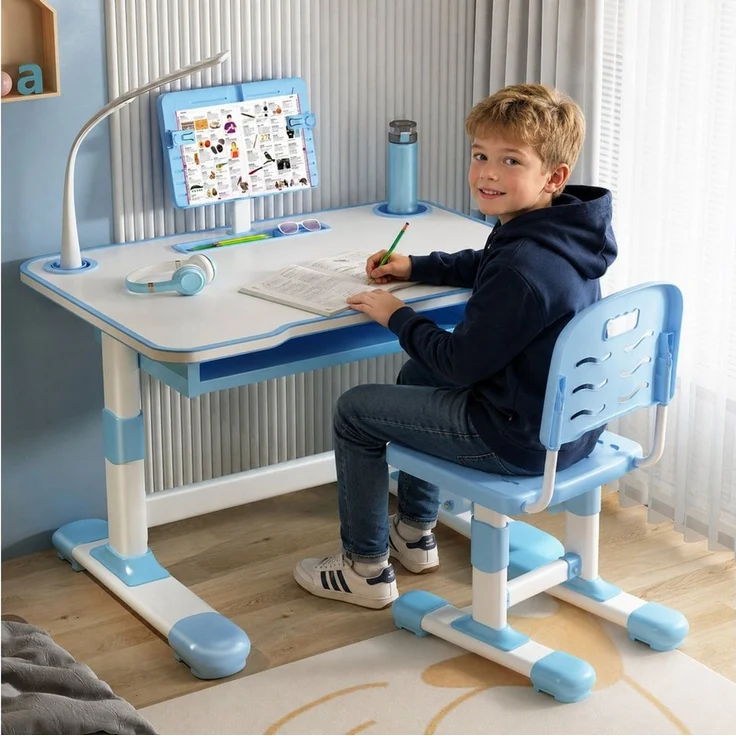 Rutaqian Kinderschreibtisch Kinderschreibtisch höhenverstellbar, Schreibtisch Kinder mit Stuhl (Höhenverstellbarer Ergonomischer Schreibtisch-Stuhl Set), Kinderschreibtisch-Stuhlset mit Tischlampe für Jungs und Mädchen – Bild 1
