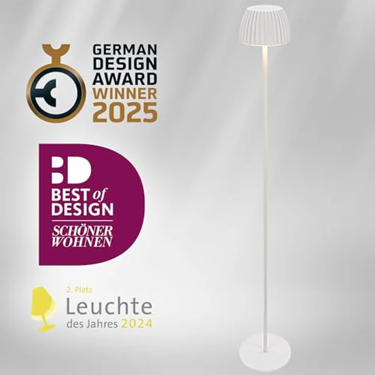 BRILONER - Riffle LED Stehlampe kabellos IP44 mit Touch, 19x124 cm, dimmbar, Memoryfunktion, Akku tauschbar, Akku Stehleuchte, Leselampe, Wohnzimmerlampe, German Design Award Winner 2025, Weiß – Bild 8