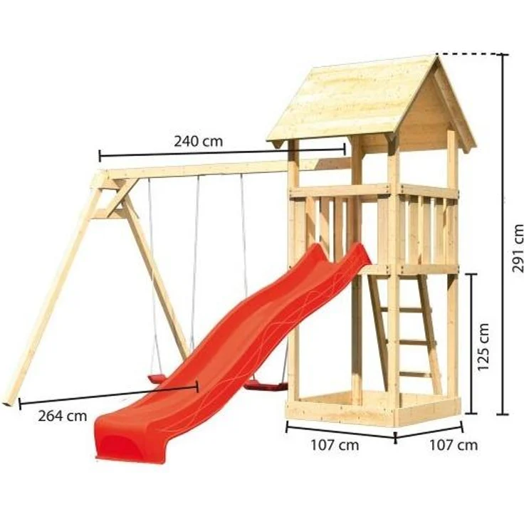 Karibu Kinderspielturm Lotti Satteldach Set naturbelassen mit Doppelschaukel ECO und Rutsche rot – Bild 2