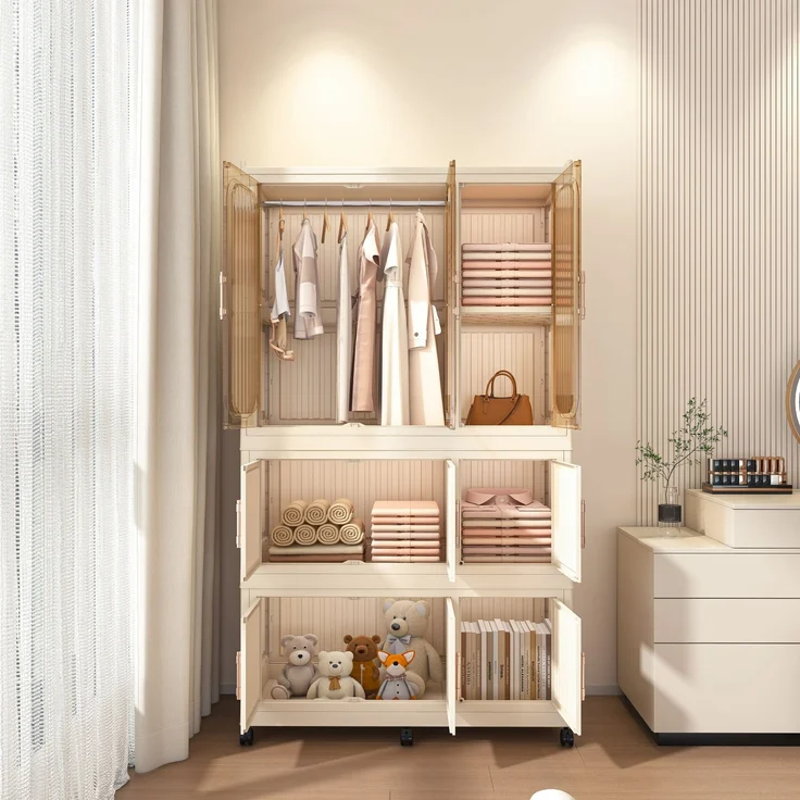 Kleiderschrank aus Kunststoff, faltbar mit 9 Magnettüren, 92x45x158 cm, Cremeweiß – Bild 3