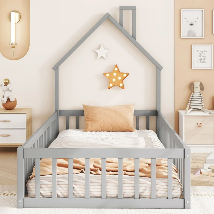 Kinderbett Hausbett 90x200 cm mit Schornsteinform, flaches Bett mit Lattenrost,Sicherheitsgitter für Sturzschutz, kreatives Design, Grau – Bild 4