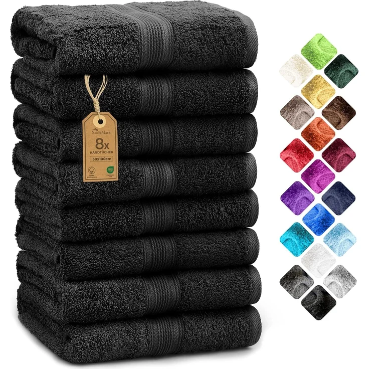NatureMark 8er Pack Handtücher, 100% Baumwolle, 50x100 cm, Handtuch Set Schwarz