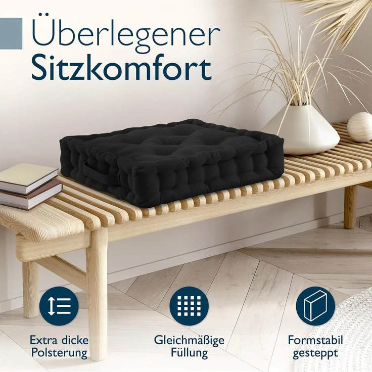 Beautissu Stuhlkissen Mila Bodenkissen, 50x50cm, Schwarz, 2er Set, Sitzkissen, Stuhlpolster, 100% Baumwolle, Indoor & Outdoor, exzellenter Komfort und Stil – Bild 2
