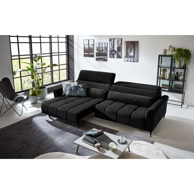 Big-Sofa >Wolve< 2x elektr. Verstellung, 2 Kissen, Cord schwarz - 280x108x118cm (BxHxT) – Bild 3