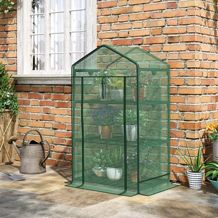 Mini-Gewächshaus Anzuchtgewächshaus mit Folienabdeckung und 3 Regalböden Regale Rolltür Gemüsebeet--Grün--125x49x69cm--YOUDENOVA – Bild 3