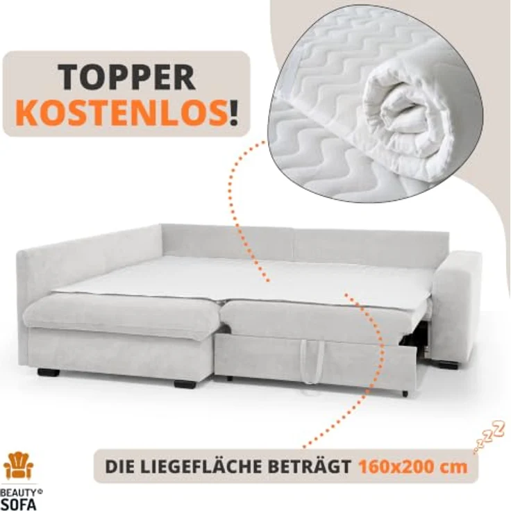 Beautysofa Ecksofa RAMO, Schlaffunktion 160x200 cm mit kostenlosem Topper, Velo-Stoff in modernem Design – Bild 8