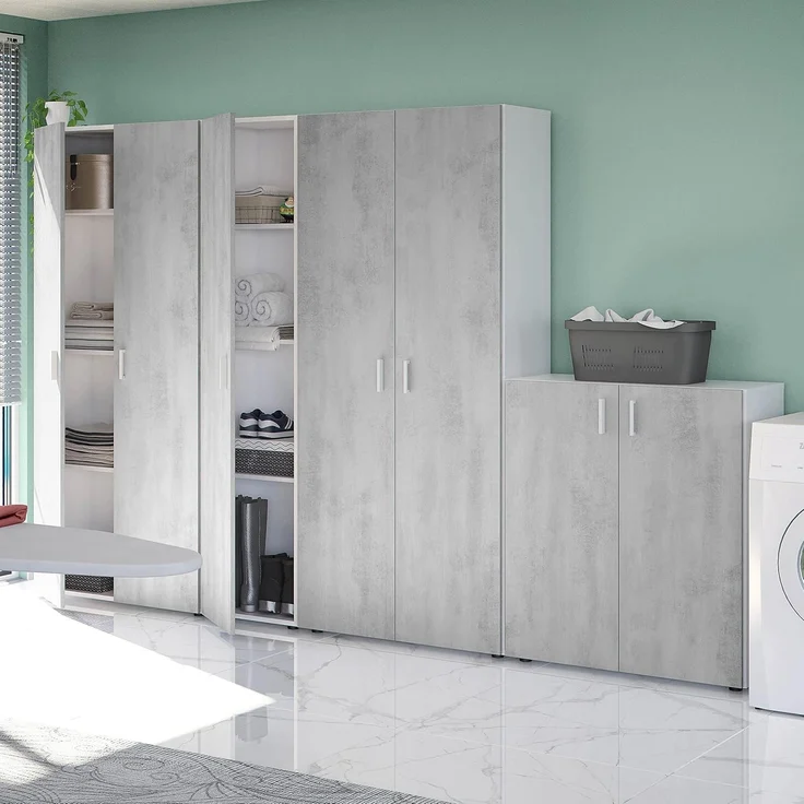 Habitdesign, Mehrzweckschrank, 2 Türen, 3 Einlegeböden, 182 x 80 x 37 cm (H x B x T), Besenschrank, Arktisweiß und Zement – Bild 2