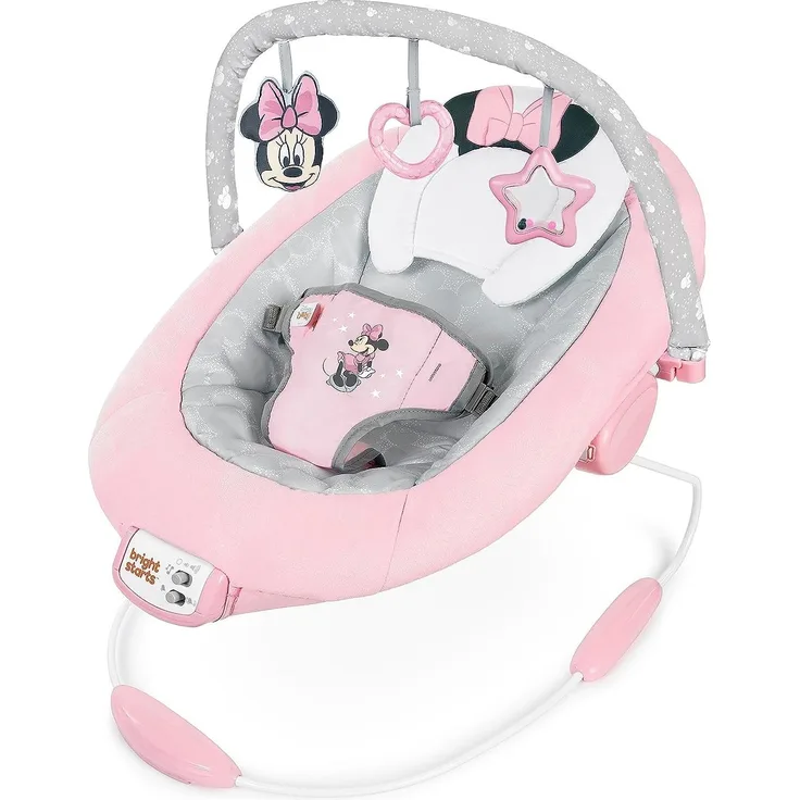 Bright Starts, Disney Baby, Minnie Maus Rosy Skies Babywippe mit beruhigenden Vibrationen mit 7 Melodien, 3 Spielzeugen, Lautstärkeregler, Sicherheitsgurt, ab der Geburt bis 9kg