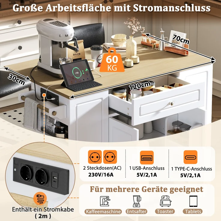 Kücheninsel mit Rollen,Ausziehbarer Essbereich Kücheninsel mit Multifunktionsschubladen und Abfallbehälterfach Mobile Kücheninsel Ideal für Küche und Esszimmer,Weiß, – Bild 5