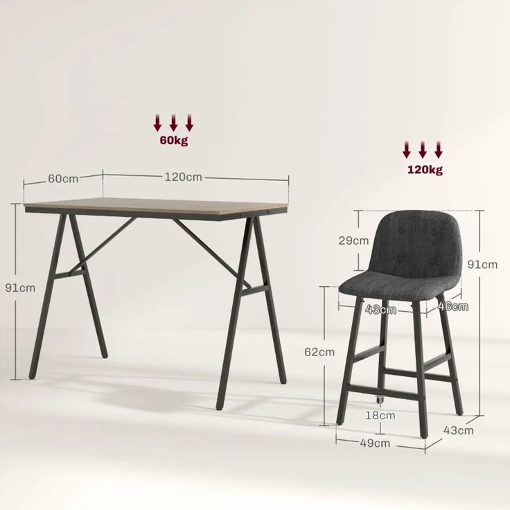 Esstisch-Set 120x60x91 cm in Dunkelgrau, 5-teilig mit gepolsterten Barhockern – Bild 5