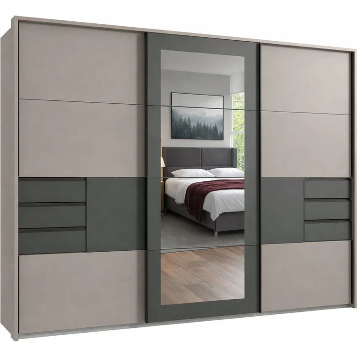Schwebetürenschrank Kleiderschrank 273 cm Passepartout Schubladen Spiegel Sand Grau, Grafit – Bild 1