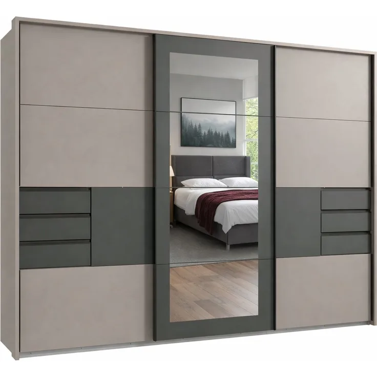 Schwebetürenschrank Kleiderschrank 273 cm Passepartout Schubladen Spiegel Sand Grau, Grafit