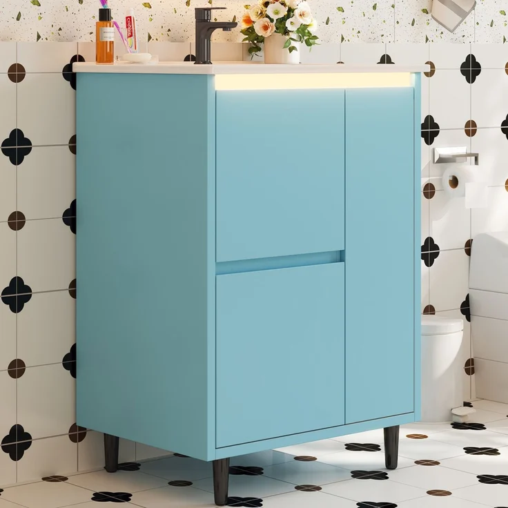 Freistehender Badwaschtisch 61 x 46,5 x 87 cm aus MDF mit Keramikbecken, blau – Bild 3
