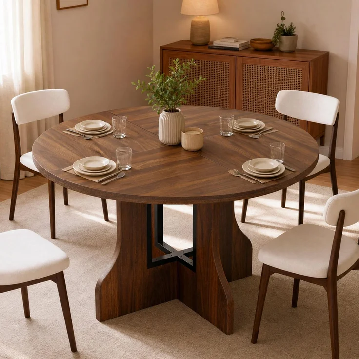 Mondeer Esstisch Rund für 4–6 Personen, 120cm Rustikale Esszimmertisch | Runder Esstisch mit Metallgestell und Holzsockel für Esszimmer, Küche und Wohnzimmer, Walnut
