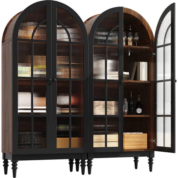 Hoher Bogen-Aufbewahrungsschrank, freistehende hohe Bogen-Aufbewahrungstür für Küche und Wohnzimmer,Küchenschrank, Aufbewahrungsschrank,Vitrine mit Glastüren,Schrank mit Holzmaserung, 2 Schränke – Bild 8