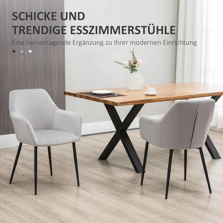 HOMCOM Esszimmerstuhl mit geschwungener Rückenlehne und Armlehnen, gepolstertem Sitz (Wohnzimmerstühle, 2 St), 120 kg Belastbar, Hellgrau – Bild 4