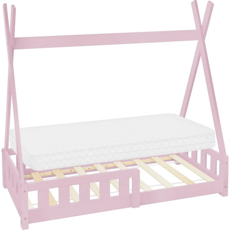 ML-DESIGN Spielbett Hausbett Tipi Zeltbett inkl. Lattenrost Bodenbett Kinder Himmelbett, Abenteuerbett mit Rausfallschutz Zelt Bett Kiefer Rosa Kinderhaus – Bild 2